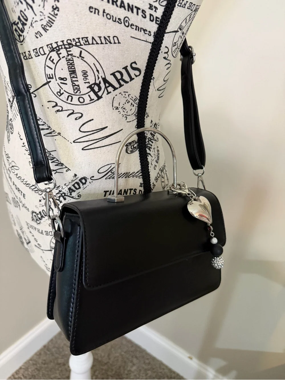 Women's Top-Handle Bag Black with Heart Scarf Accent